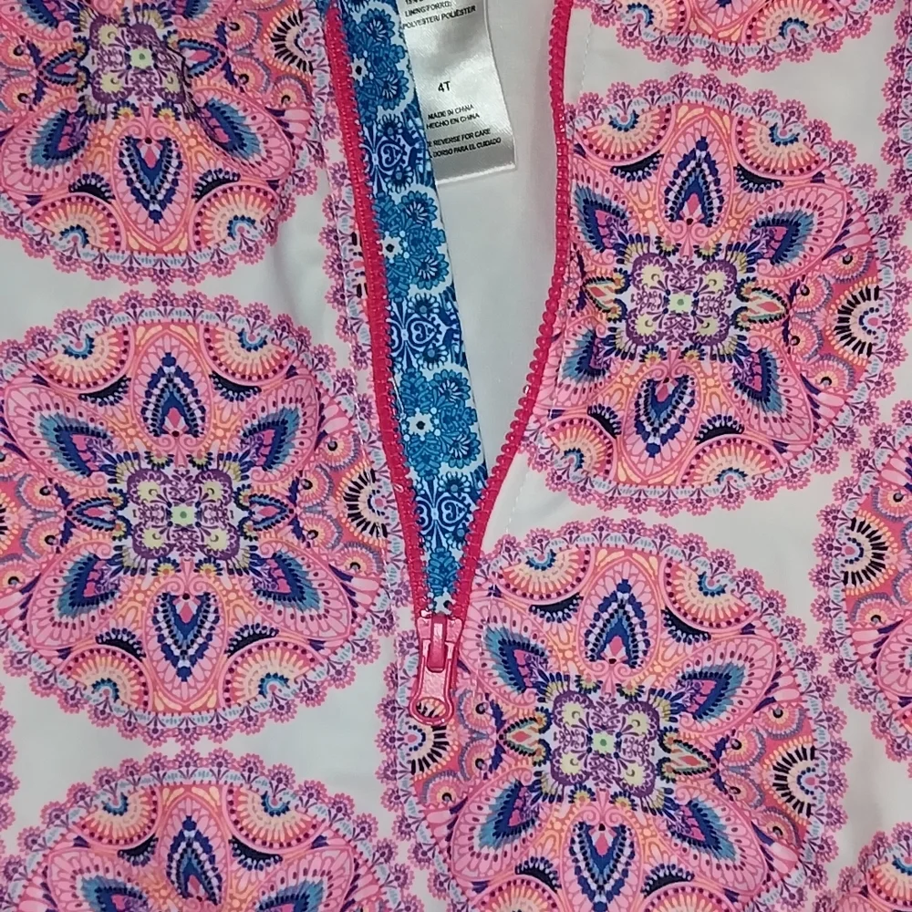 Girls Long Sleeve One-Piece Swimsuit - Pink & Blue Medallion Print